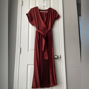 Banana Republic midi dress with pleated skirt in terracota.